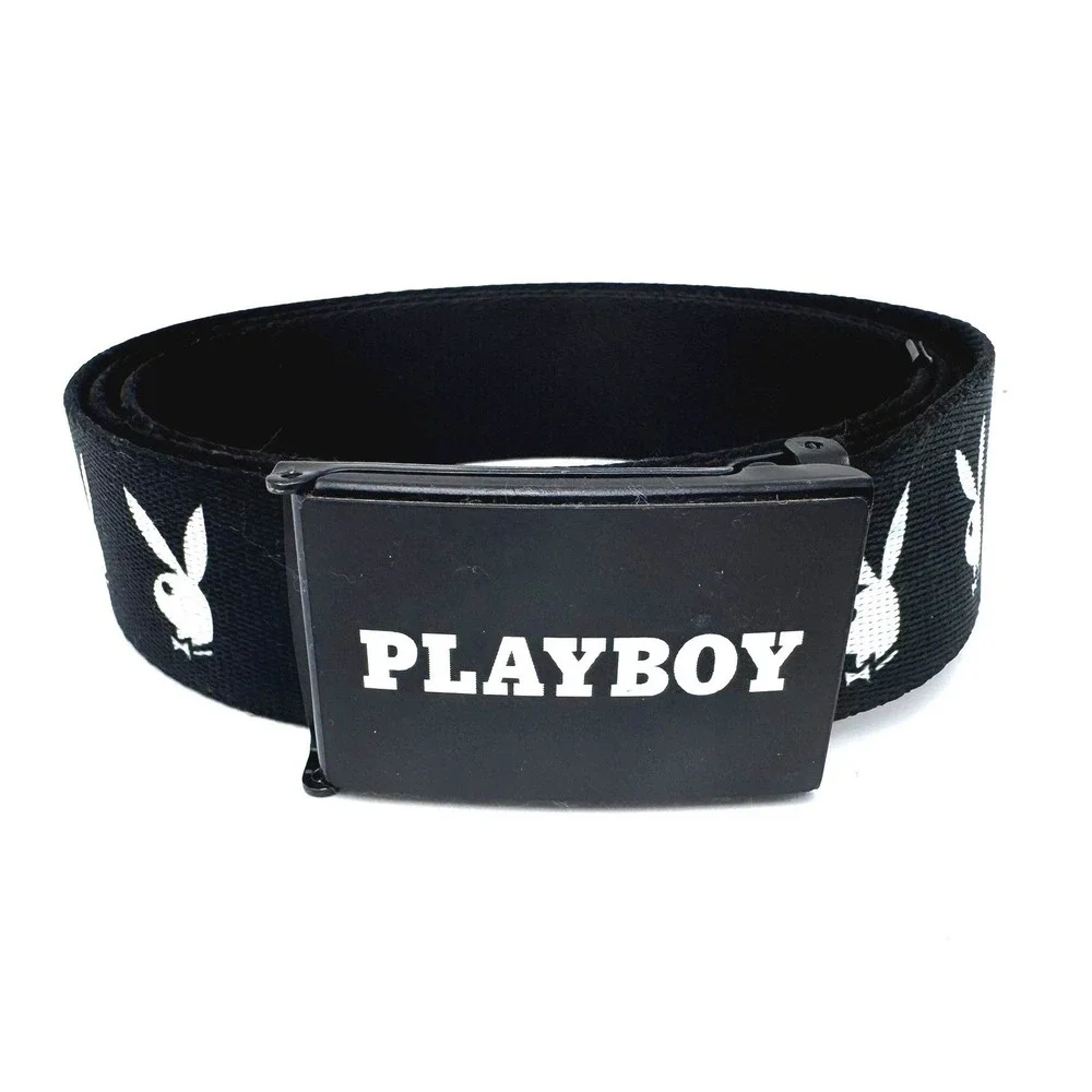 PLAYBOY‎ Men's Black Web Belt Bunny Logo Canvas Adjustable Flip Top Buckle 53